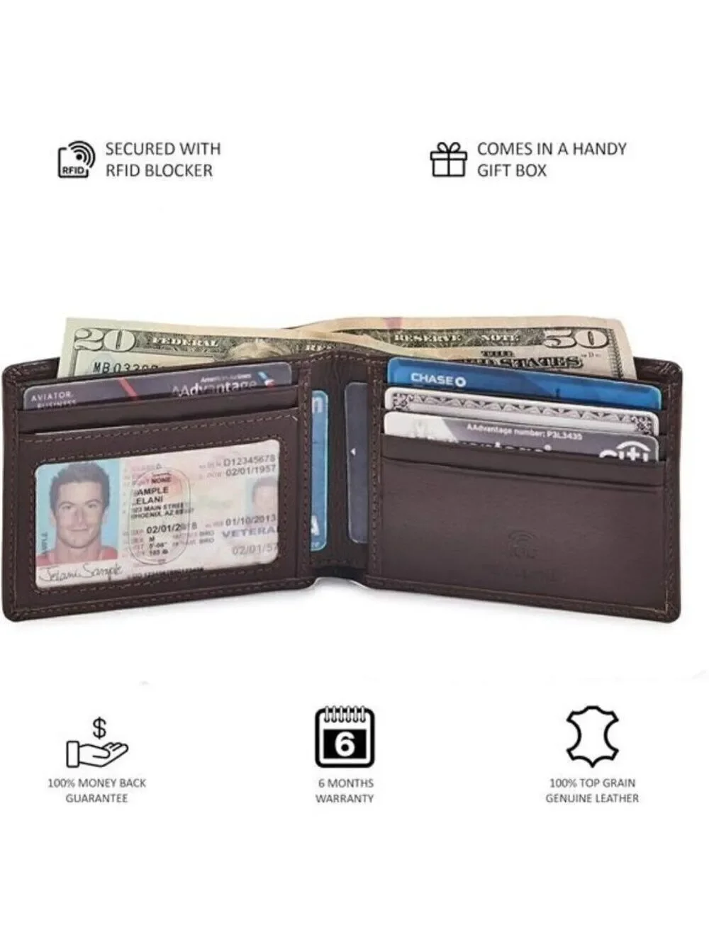 Genuine Leather Men's Wallet RFID Blocking Slim Carry Bag Pocket Thin BROWN NEW
